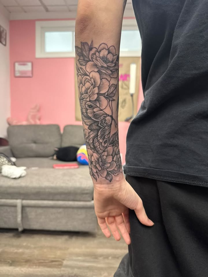 Floral and moth fine line forearm piece