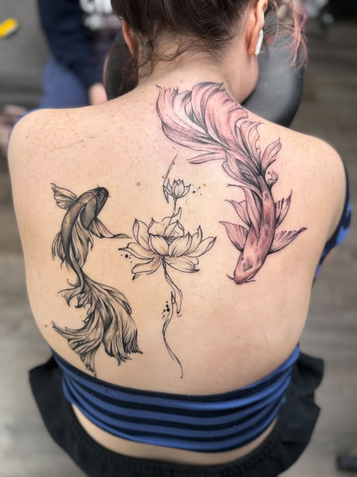 Twin koi fish and lotus back piece