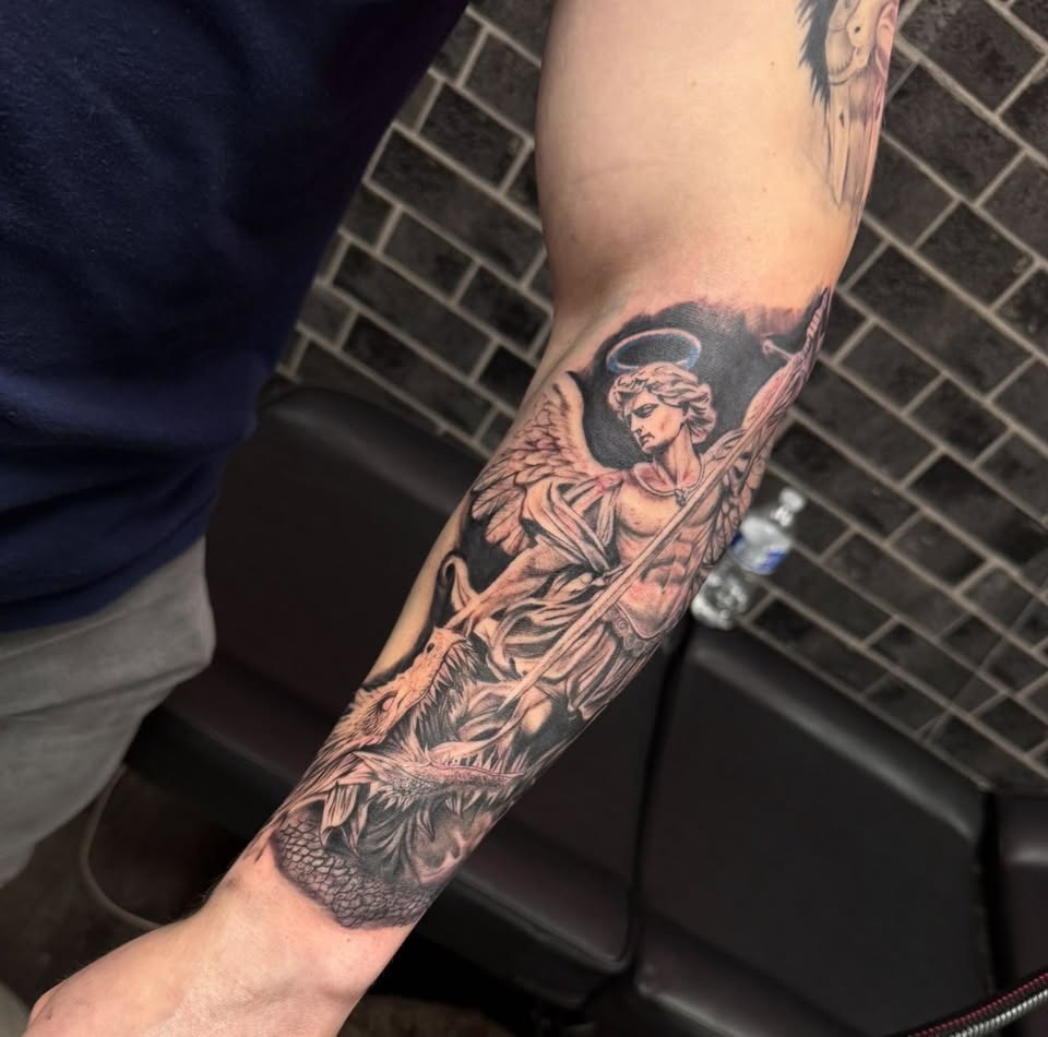 Archangel Michael forearm sleeve in black & grey