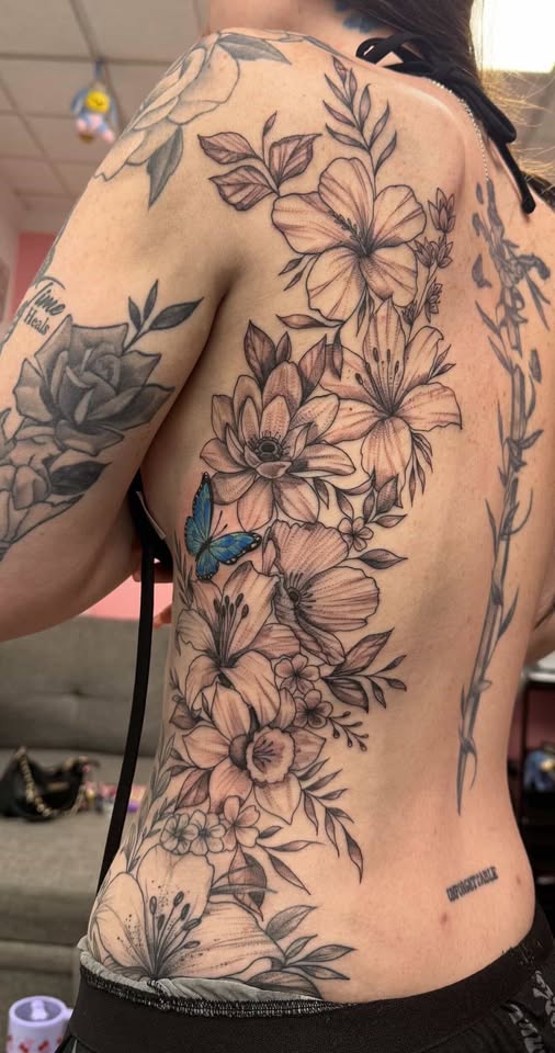 Full floral back piece with butterfly — two day session