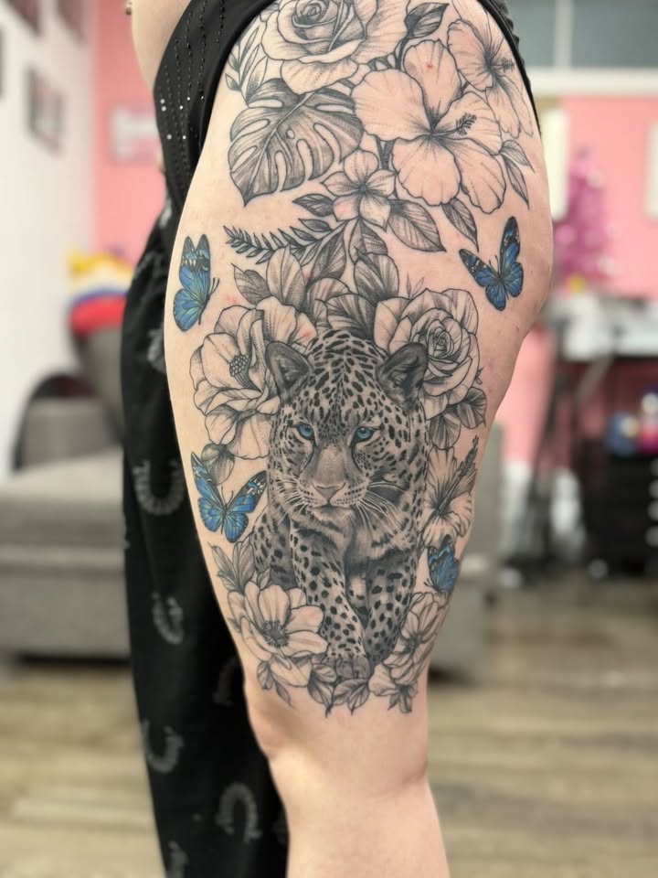 Leopard, roses and butterflies thigh piece — two day session